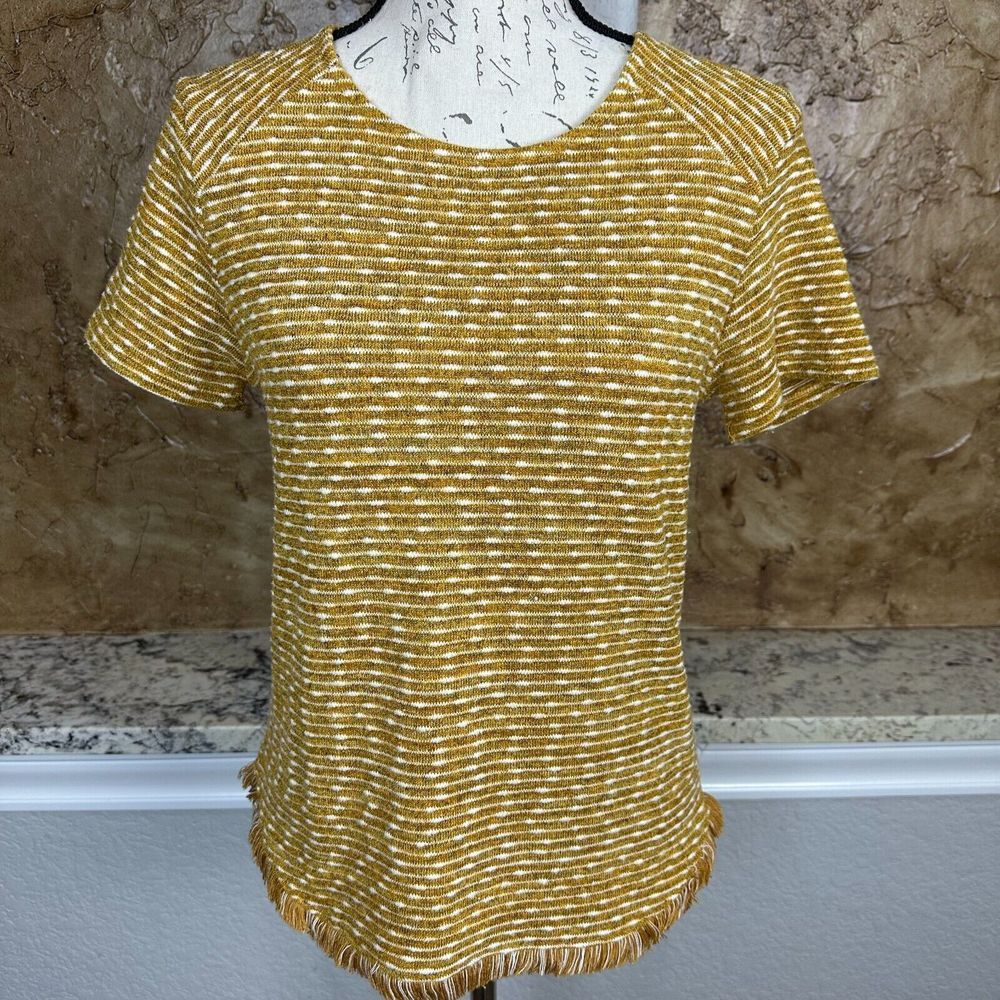 Emelia Blouse Top Women XS Mustard Yellow White Striped Knit Fringe Cottagecore